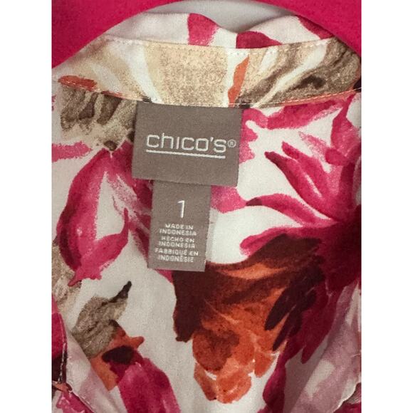 Chico's Womens Pink Floral Collared Button Up Roll Tab Sleeve Size 1 US M Bright - Picture 4 of 6